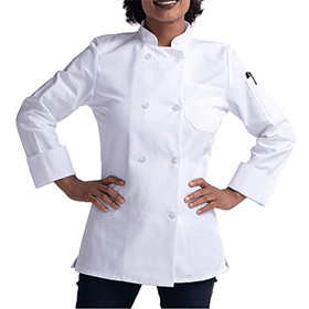 Womens Slim Long Sleeve Essential Plastic Button Chef Coat: CW-CW4420