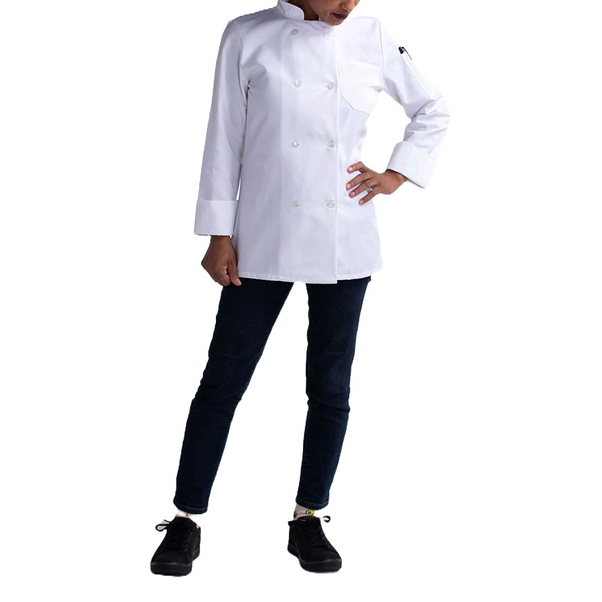 Womens Slim Long Sleeve Essential Plastic Button Chef Coat: CW-CW4420V3